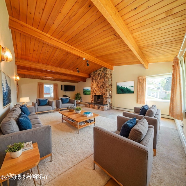 2831 Bennett Ave, Anchorage, AK 99517 - living area with wood ceiling, a baseboard heating unit, a stone fireplace, and light carpet