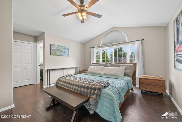 16540 Theodore Dr, Eagle River, AK 99577 - bedroom featuring wood finished floors, lofted ceiling, and ceiling fan
