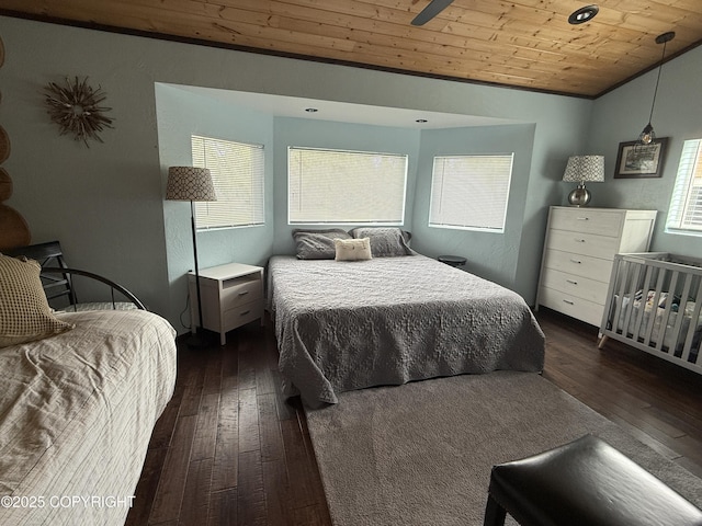 35605 Kalifornsky Beach Rd, Kenai, AK 99669 - bedroom with wooden ceiling, dark wood finished floors, and lofted ceiling
