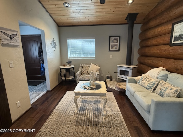 35605 Kalifornsky Beach Rd, Kenai, AK 99669 - living area featuring a wood stove, rustic walls, wood ceiling, and dark wood-style floors