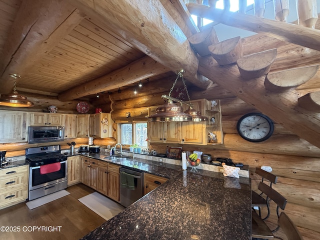 35605 Kalifornsky Beach Rd, Kenai, AK 99669 - kitchen featuring appliances with stainless steel finishes, rustic walls, dark wood-type flooring, a wooden ceiling with exposed beams, and open shelves