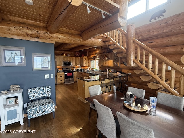 35605 Kalifornsky Beach Rd, Kenai, AK 99669 - dining room featuring stairs, dark wood-type flooring, a wood ceiling with exposed beams, rustic walls, and track lighting