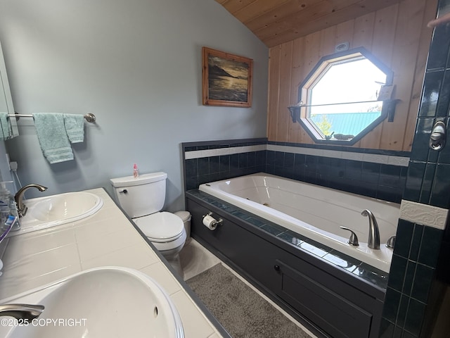 35605 Kalifornsky Beach Rd, Kenai, AK 99669 - full bath featuring vaulted ceiling, a garden tub, wooden ceiling, double vanity, and wood walls