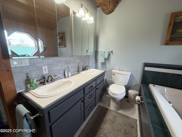 35605 Kalifornsky Beach Rd, Kenai, AK 99669 - bathroom with double vanity, a bath, and decorative backsplash