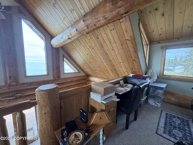 35605 Kalifornsky Beach Rd, Kenai, AK 99669 - carpeted home office featuring wood ceiling and rustic walls