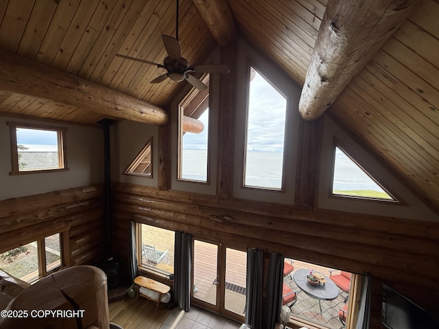 35605 Kalifornsky Beach Rd, Kenai, AK 99669 - detailed view of log walls, a wooden ceiling with exposed beams, ceiling fan, and wood finished floors