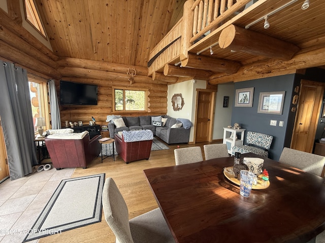 35605 Kalifornsky Beach Rd, Kenai, AK 99669 - dining area featuring wooden ceiling, log walls, and light wood-style floors