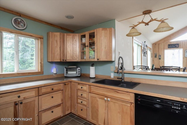 1685 Taroka Dr, Fairbanks, AK 99709 - kitchen with black dishwasher, lofted ceiling, glass insert cabinets, light brown cabinetry, and dark tile patterned floors