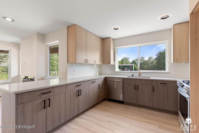 1401 E Holland Ave, Wasilla, AK 99654 - kitchen featuring stainless steel appliances, a peninsula, light wood finished floors, healthy amount of natural light, and recessed lighting