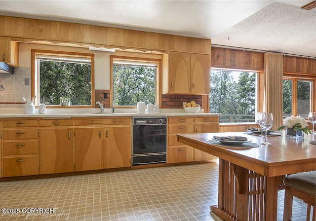 15021 Old Seward Hwy, Anchorage, AK 99516 - kitchen with dishwasher, light countertops, decorative backsplash, and wooden walls