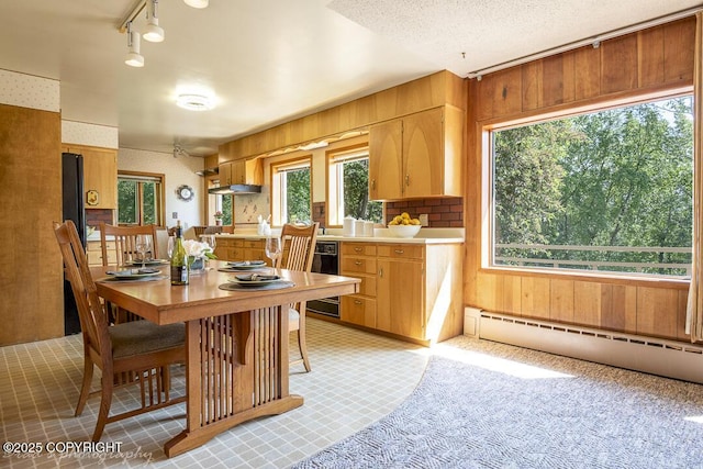 15021 Old Seward Hwy, Anchorage, AK 99516 - dining area featuring a baseboard heating unit, wood walls, and rail lighting