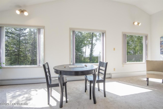 15021 Old Seward Hwy, Anchorage, AK 99516 - carpeted dining area featuring lofted ceiling and a baseboard radiator