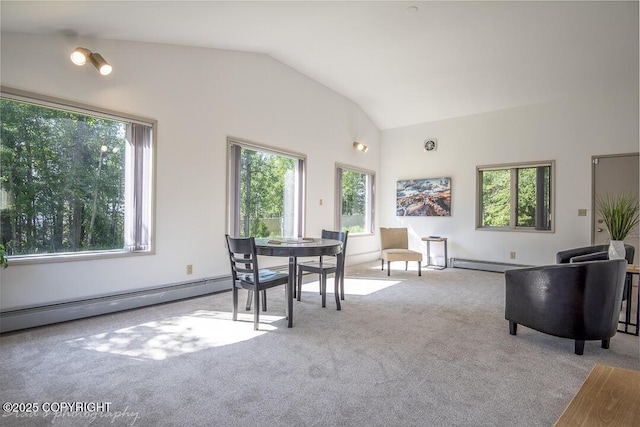 15021 Old Seward Hwy, Anchorage, AK 99516 - dining area featuring baseboard heating, carpet floors, and vaulted ceiling