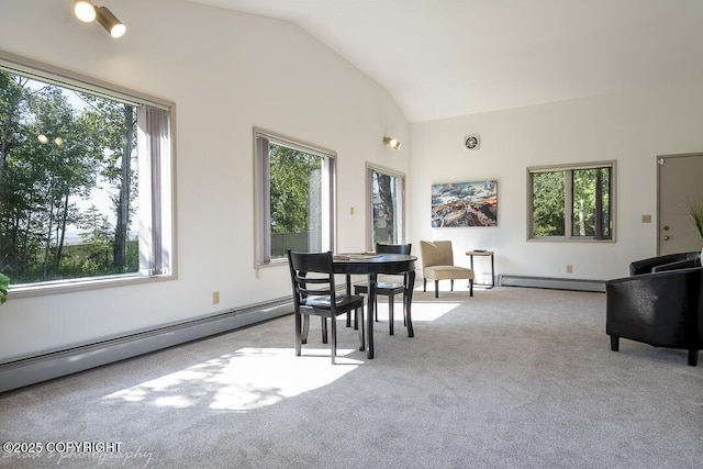 15021 Old Seward Hwy, Anchorage, AK 99516 - carpeted dining space with plenty of natural light, a baseboard radiator, and lofted ceiling