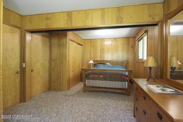 15021 Old Seward Hwy, Anchorage, AK 99516 - bedroom with carpet floors, a textured ceiling, and wood walls