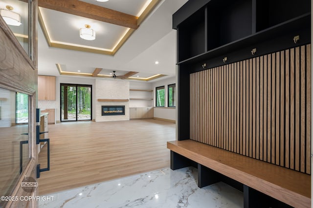 1770 S Corwin Ln, Wasilla, AK 99654 - mudroom featuring ceiling fan, plenty of natural light, a large fireplace, and recessed lighting