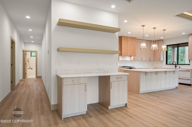 1770 S Corwin Ln, Wasilla, AK 99654 - kitchen featuring modern cabinets, light wood finished floors, open shelves, tasteful backsplash, and recessed lighting