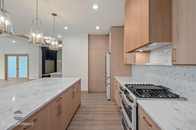 1770 S Corwin Ln, Wasilla, AK 99654 - kitchen featuring high end stainless steel range oven, light brown cabinetry, light stone counters, modern cabinets, and recessed lighting