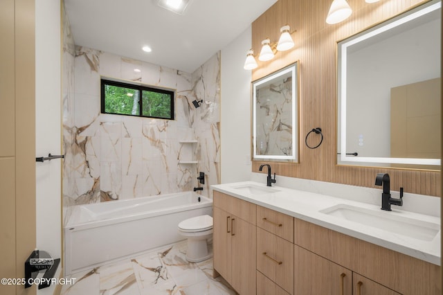 1770 S Corwin Ln, Wasilla, AK 99654 - full bath featuring double vanity, shower / washtub combination, and marble finish flooring