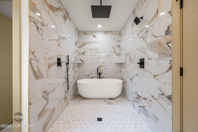 1770 S Corwin Ln, Wasilla, AK 99654 - full bath with a marble finish shower, tile walls, a freestanding tub, and marble tiled floors
