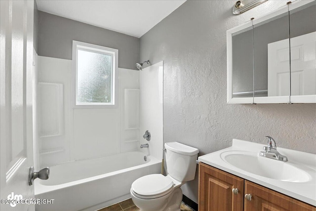 8203 Duben Ave, Anchorage, AK 99504 - bathroom with a textured wall, vanity, and shower / bath combination