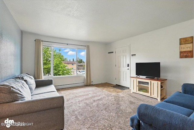 8203 Duben Ave, Anchorage, AK 99504 - living room with a baseboard heating unit, carpet floors, and a textured ceiling