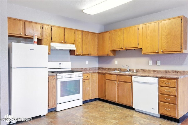8203 Duben Ave, Anchorage, AK 99504 - kitchen with white appliances, under cabinet range hood, and light countertops
