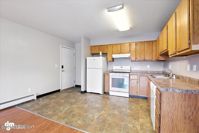 8203 Duben Ave, Anchorage, AK 99504 - kitchen featuring white appliances, under cabinet range hood, baseboard heating, light countertops, and brown cabinetry