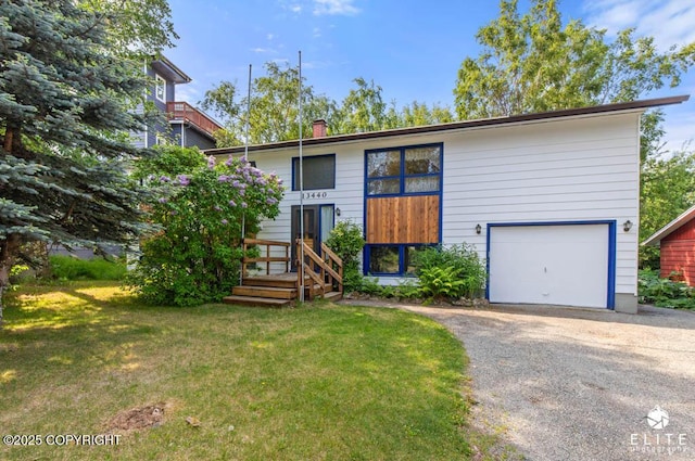 13440 Diggins Dr, Anchorage, AK 99515 - view of front of property featuring a front lawn, driveway, a chimney, and an attached garage