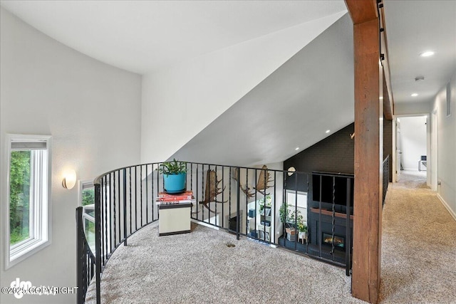 1535 M St, Anchorage, AK 99501 - hallway featuring carpet, an upstairs landing, recessed lighting, and vaulted ceiling