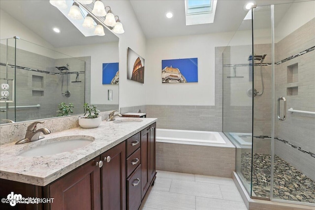 1535 M St, Anchorage, AK 99501 - full bathroom with a shower stall, double vanity, a bath, tile patterned flooring, and a skylight