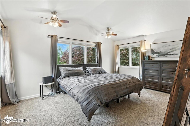 1535 M St, Anchorage, AK 99501 - bedroom featuring light carpet, lofted ceiling, and ceiling fan