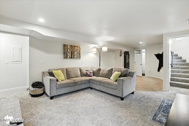 1535 M St, Anchorage, AK 99501 - living room featuring carpet, stairs, and recessed lighting