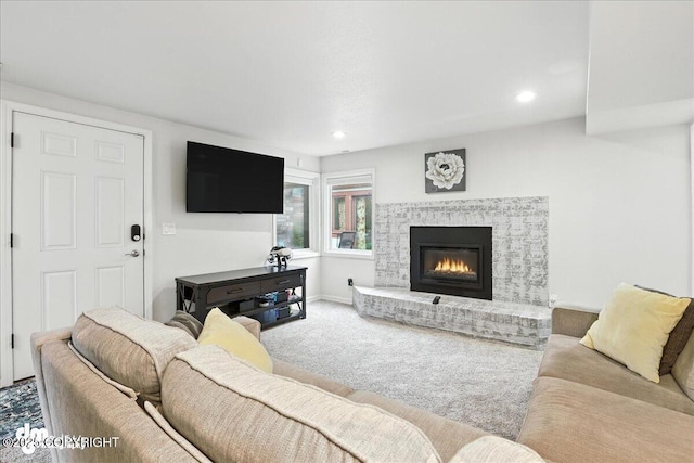 1535 M St, Anchorage, AK 99501 - carpeted living area featuring a fireplace and recessed lighting