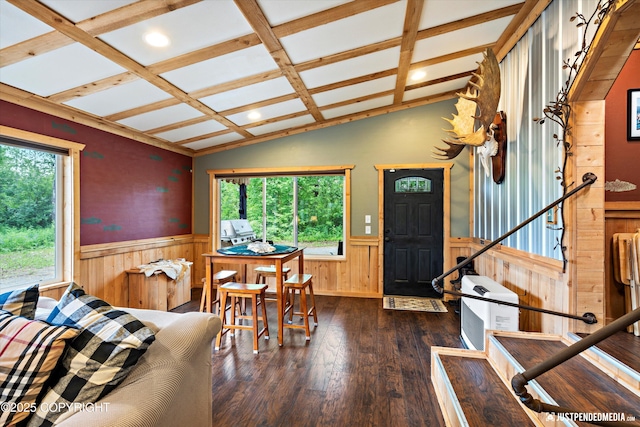 29416 W Deshka Landing Rd, Willow, AK 99688 - dining area with wainscoting, hardwood / wood-style flooring, recessed lighting, wooden walls, and coffered ceiling