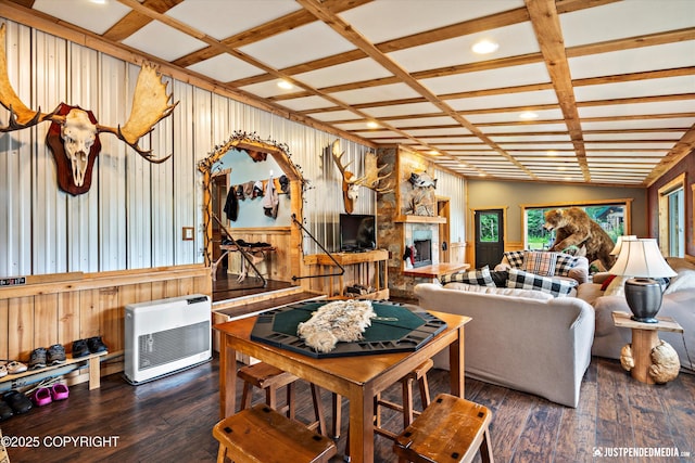 29416 W Deshka Landing Rd, Willow, AK 99688 - living area with hardwood / wood-style floors, a fireplace, recessed lighting, wooden walls, and coffered ceiling