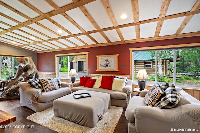 29416 W Deshka Landing Rd, Willow, AK 99688 - living area featuring a wainscoted wall, recessed lighting, wood-type flooring, coffered ceiling, and wood walls
