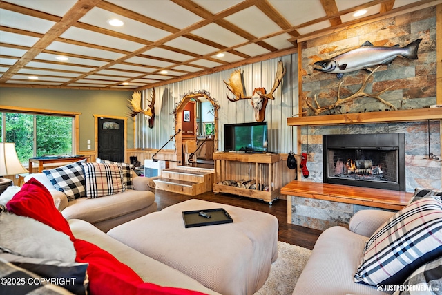 29416 W Deshka Landing Rd, Willow, AK 99688 - living area with wood finished floors, a fireplace, recessed lighting, and coffered ceiling