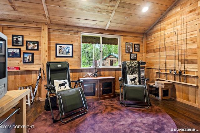 29416 W Deshka Landing Rd, Willow, AK 99688 - home office with wooden ceiling, lofted ceiling, wood walls, and dark wood-style flooring