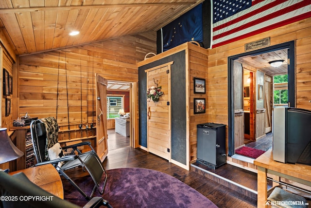 29416 W Deshka Landing Rd, Willow, AK 99688 - office with wood walls, vaulted ceiling, wood ceiling, and hardwood / wood-style floors