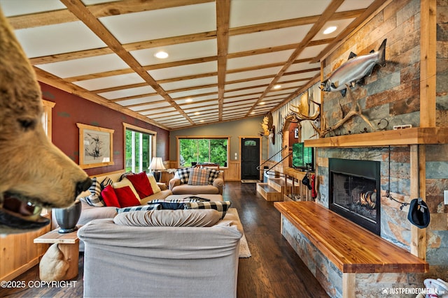 29416 W Deshka Landing Rd, Willow, AK 99688 - living area featuring wood-type flooring, a fireplace, recessed lighting, wainscoting, and coffered ceiling