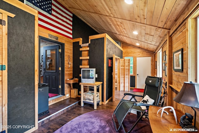 29416 W Deshka Landing Rd, Willow, AK 99688 - office area with lofted ceiling, wooden walls, wooden ceiling, wood finished floors, and recessed lighting