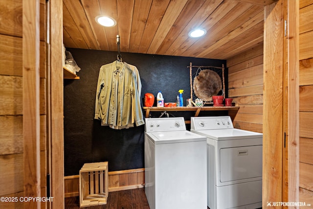 29416 W Deshka Landing Rd, Willow, AK 99688 - laundry room featuring washer and clothes dryer, recessed lighting, wood finished floors, wooden ceiling, and wooden walls