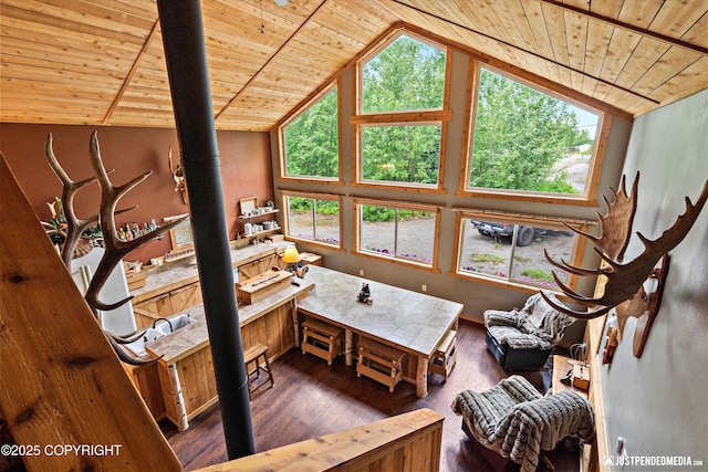 29416 W Deshka Landing Rd, Willow, AK 99688 - living area with wooden ceiling, wood-type flooring, vaulted ceiling, and a wood stove