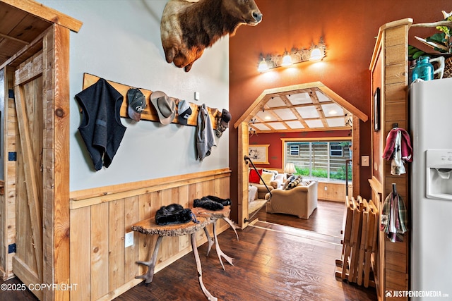 29416 W Deshka Landing Rd, Willow, AK 99688 - entrance foyer featuring a wainscoted wall, wood finished floors, and wooden walls