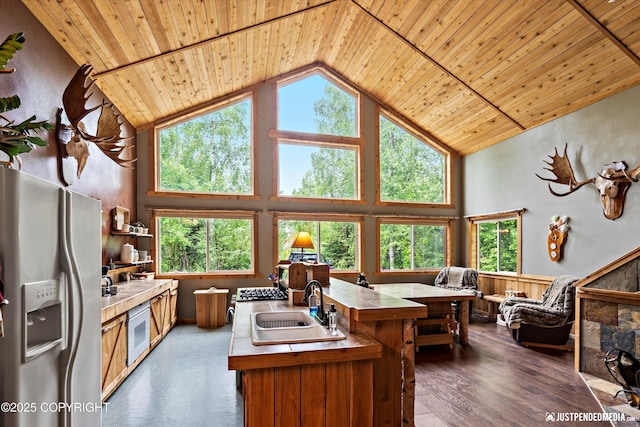29416 W Deshka Landing Rd, Willow, AK 99688 - kitchen with fridge with ice dispenser, tile counters, wood ceiling, plenty of natural light, and high vaulted ceiling