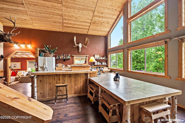 29416 W Deshka Landing Rd, Willow, AK 99688 - kitchen featuring white fridge with ice dispenser, wooden ceiling, high vaulted ceiling, dark wood-style floors, and light countertops