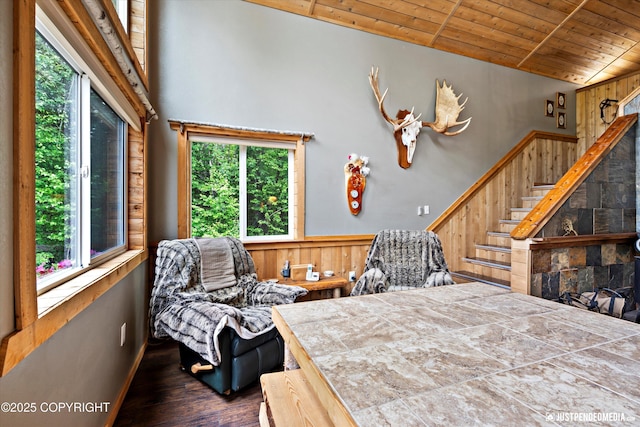 29416 W Deshka Landing Rd, Willow, AK 99688 - bedroom featuring wood ceiling, wooden walls, multiple windows, wood finished floors, and wainscoting