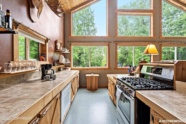 29416 W Deshka Landing Rd, Willow, AK 99688 - kitchen with stainless steel gas stove, a towering ceiling, white microwave, tile counters, and wood ceiling