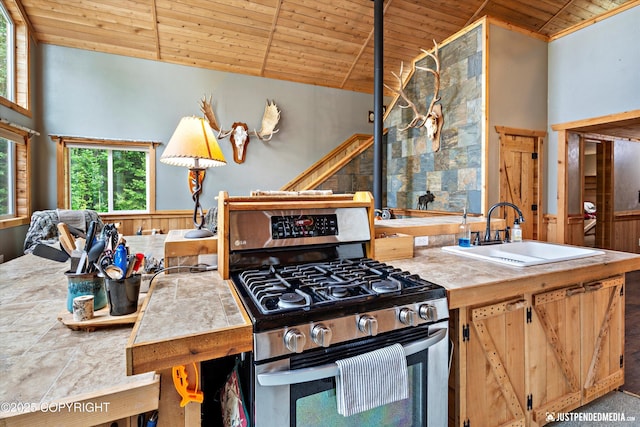 29416 W Deshka Landing Rd, Willow, AK 99688 - kitchen with stainless steel gas range, wood ceiling, and high vaulted ceiling